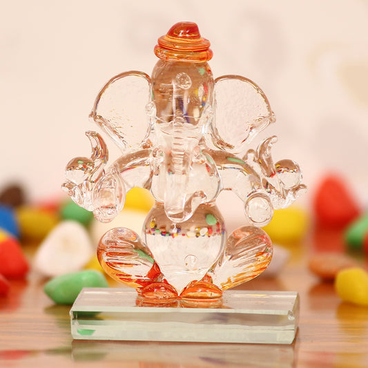 001 eCraftIndia Orange and Transparent Double Sided Crystal Car Ganesha Showpiece