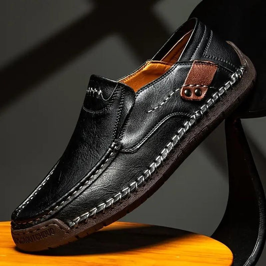 Men's Loafers Leather Hand-Stitched Casual Shoes Non-Slip Wear-Resistant_Black