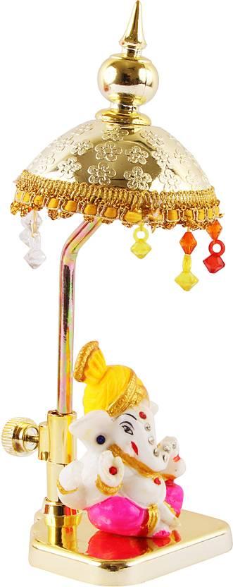001 Exquisite Marble Ganesh with Umbrella Elegant Idol Decorative Showpiece - 20 cm (Polyresin, Multicolor)