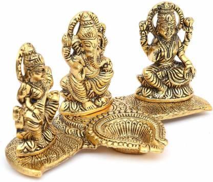 001 Sri Lakshmi Ganesh Saraswati Idol with Deepak Showpiece Design Gold Plated