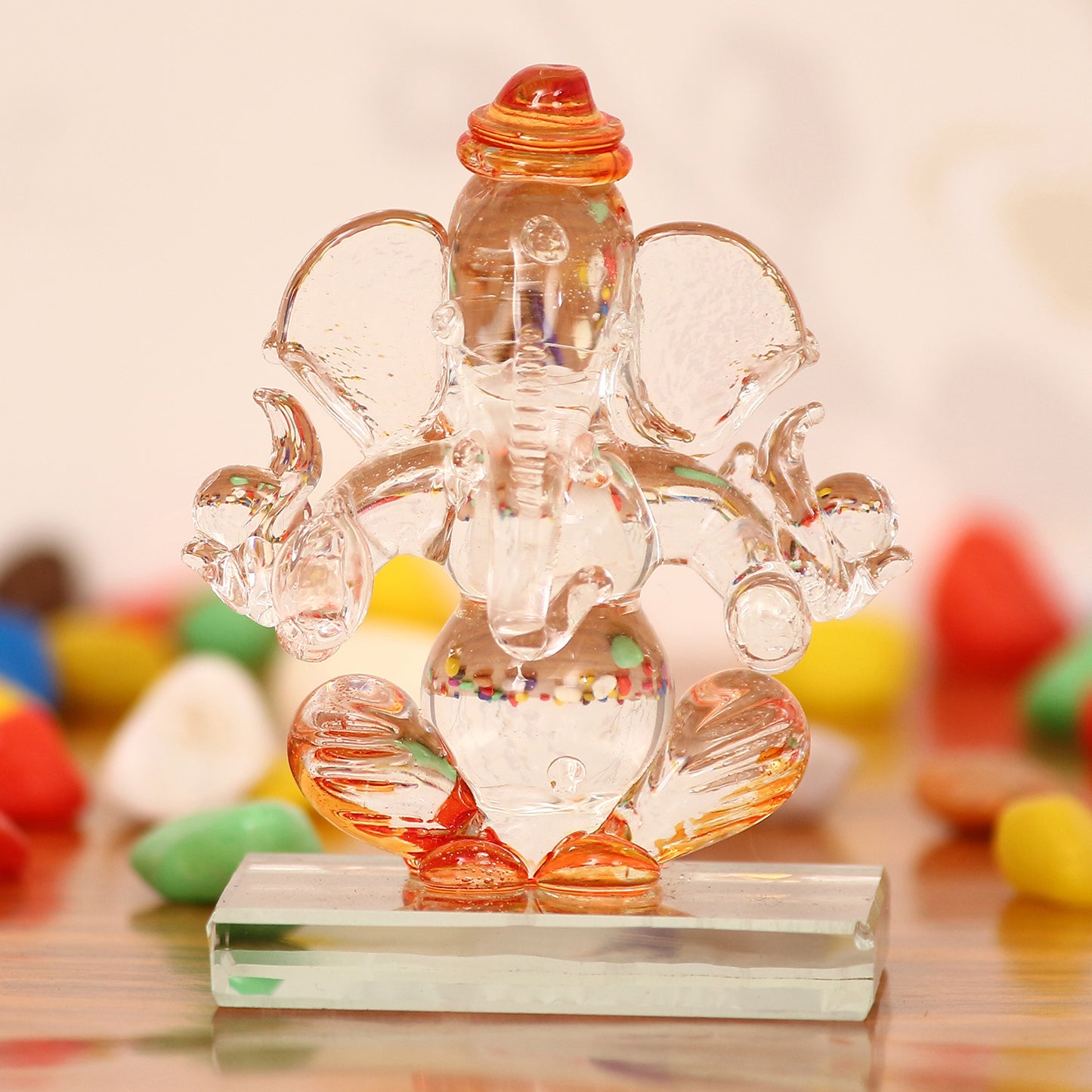 001 eCraftIndia Orange and Transparent Double Sided Crystal Car Ganesha Showpiece