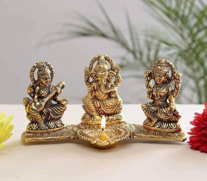 001 Sri Lakshmi Ganesh Saraswati Idol with Deepak Showpiece Design Gold Plated