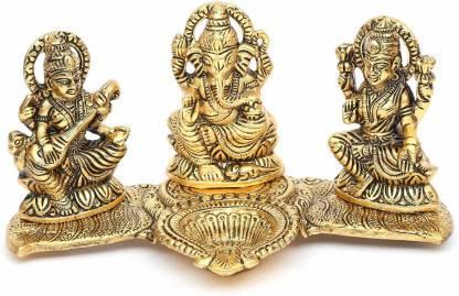 001 Sri Lakshmi Ganesh Saraswati Idol with Deepak Showpiece Design Gold Plated