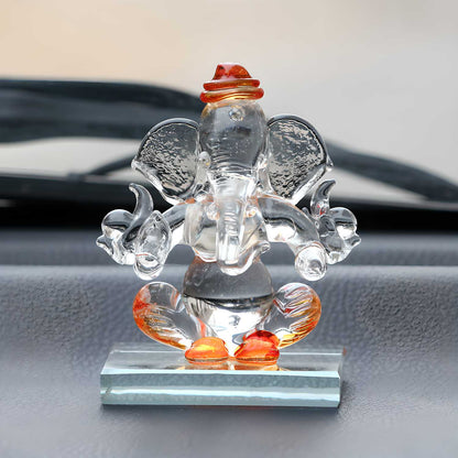 001 eCraftIndia Orange and Transparent Double Sided Crystal Car Ganesha Showpiece